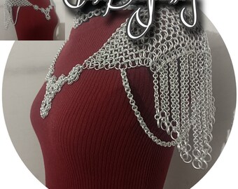 Chainmail Silver Shoulder Jewelry, Aluminum Butted Jum Rings Epaulette, Halloween Maille Wedding Jewellery, Queen Festival Intimate Jewelery