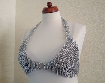 Silver Aluminum Chainmail Bra Halter Top, Chained Jewelry