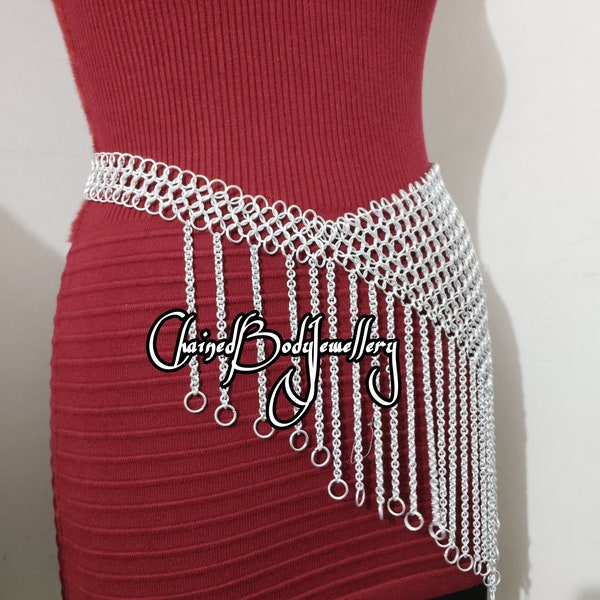 Chainmail skirt, Gothic LARP skirt, front/side dangling chain design aluminum waist Armor, Viking fantasy body jewelry reenact gothic gift