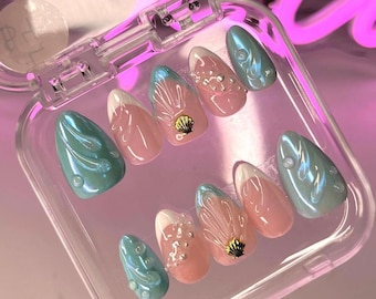 Handmade Beach Press On Nails| Blue and White Pearl Nails| Short Almond Nails