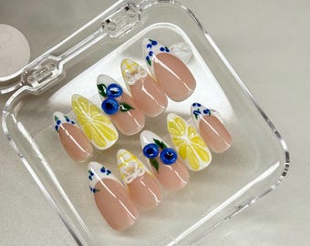 Medium Almond French Tip Press On Nails | 3D Lemon & Blueberry Set | White French Tip Nails | Summer Fruit Nail Art | Size Small Handmade