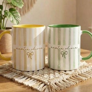 Personalized New Auntie Striped Mug, Custom Pregnancy Reveal Mother's Day Keepsake