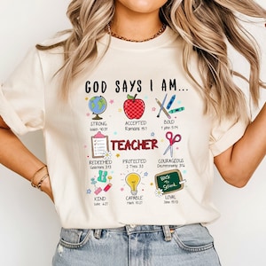 Teacher Christian Shirt, God Says I Am, Doodles Bible Verse