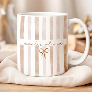 Personalized New Auntie Striped Mug, Custom Pregnancy Reveal Mother's Day Gift, New Aunt Gift Ideas