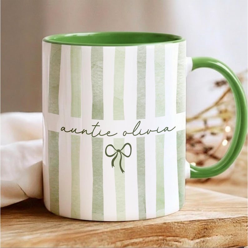 Personalized New Auntie Striped Mug, Custom Pregnancy Reveal Mother's Day Gift, New Aunt Gift Ideas