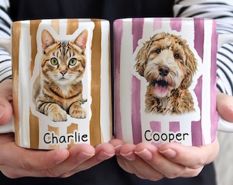 Custom Pet Portrait Mug, Watercolor Striped Dog Cat Mugs, Coffee Cup for Dog Moms