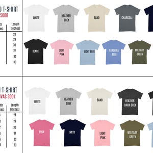 May include: A chart showing the size, width, and length of Gildan 5000 and Bella Canvas 3001 t-shirts in inches. The chart includes a variety of colors for each t-shirt style, including white, black, heather grey, light pink, light blue, navy, sand, charcoal, military green, and safety pink.