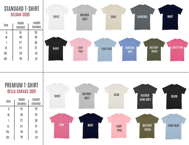 May include: A chart showing the size, width, and length of Gildan 5000 and Bella Canvas 3001 t-shirts in inches. The chart includes a variety of colors for each t-shirt style, including white, black, heather grey, light pink, light blue, navy, sand, charcoal, military green, and safety pink.