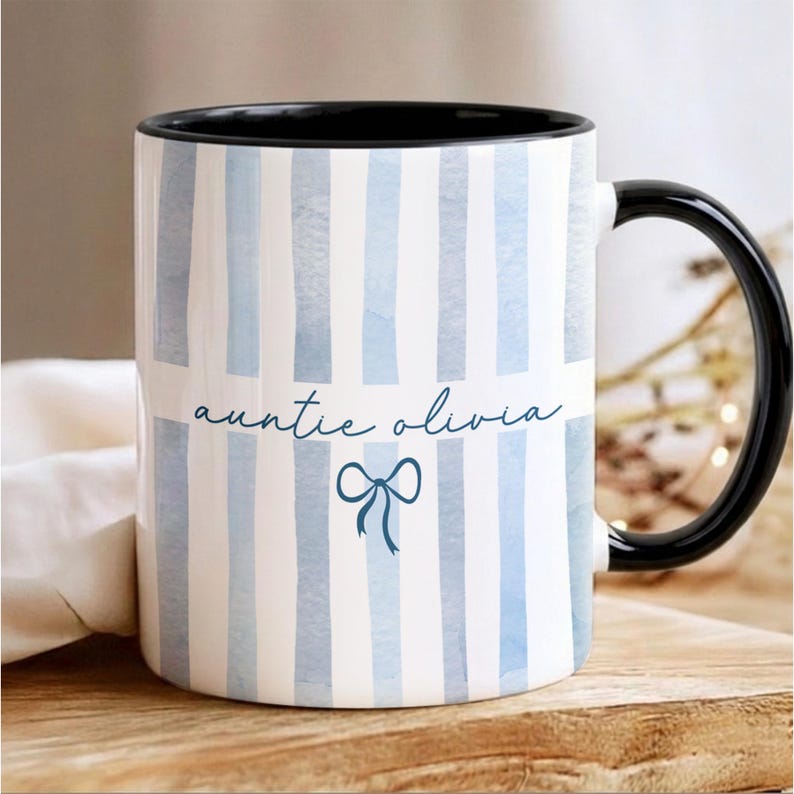 Personalized New Auntie Striped Mug, Custom Pregnancy Reveal Mother's Day Gift, New Aunt Gift Ideas