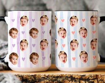 Personalized Baby Face Mug, Custom Photo Stripe Cup, Mother's Day Gift for Mom, Father's Day Mug Gift for Dad, New Parents Gift
