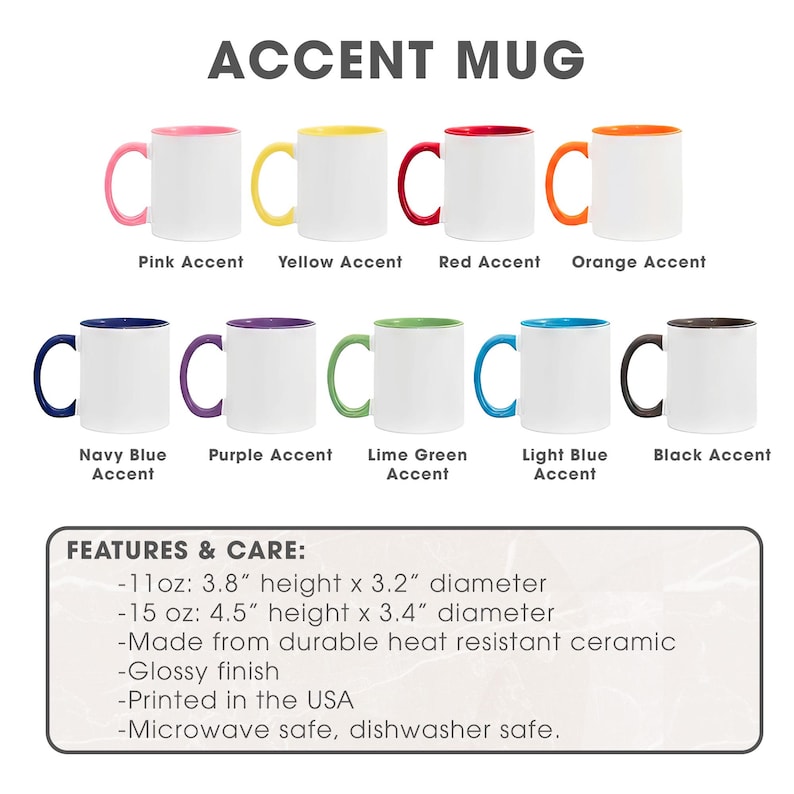 May include: Collection of white ceramic accent mugs with various colored handles and interior rims, including pink, yellow, red, orange, navy blue, purple, lime green, light blue, and black. The mugs are labeled with their accent colors and feature a glossy finish.