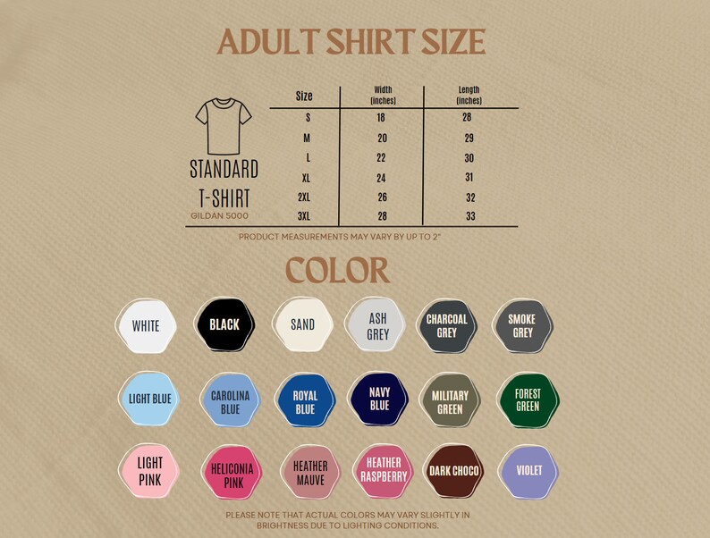 以下が含まれることがあります： 大人のTシャツのサイズと色のチャートです。チャートには、S、M、L、XL、2XL、3XLのサイズに対応する幅と長さがインチで表示されています。色の選択肢には、白、黒、砂色、灰色の灰、チャコールグレー、煙色のグレー、薄い青、カロライナブルー、ロイヤルブルー、ネイビーブルー、ミリタリーグリーン、フォレストグリーン、薄いピンク、ヘリコニアピンク、ヘザーモーヴ、ヘザーラズベリー、ダークチョコ、バイオレットがあります。