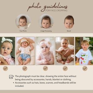 May include: An instructional graphic titled photo guidelines for face cropping, featuring three circular examples of face processing and five rectangular photos of infants. Text explains that photographs must be clear, showing the entire face.