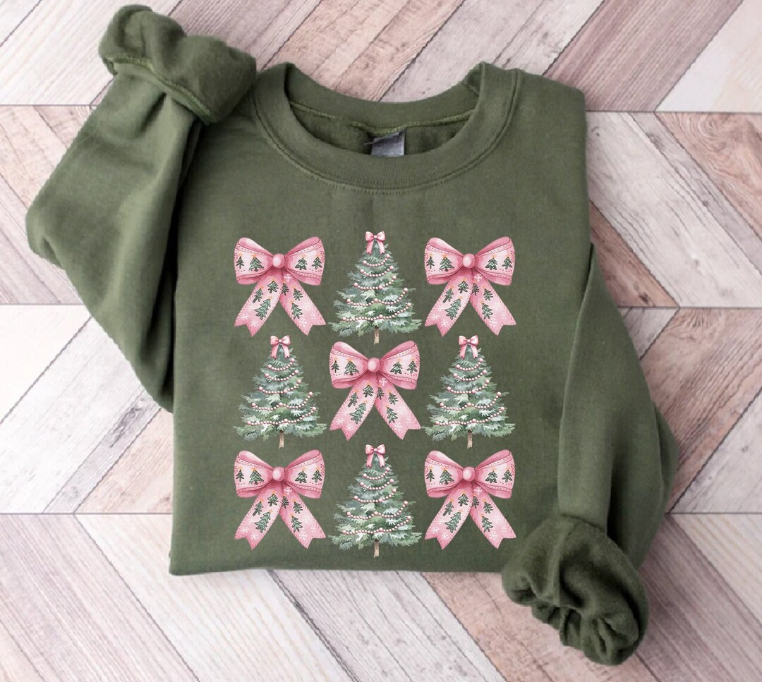 Christmas Pink Bows Tree Sweatshirt, Christmas Coquette Bow Sweatshirt