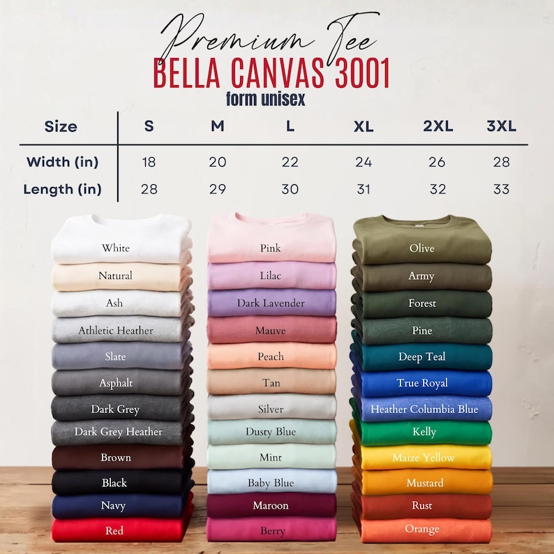 May include: A size chart for the Bella Canvas 3001 unisex t-shirt with width and length measurements in inches, displayed above three vertical stacks of folded t-shirts in various colors including white, gray, black, pink, blue, green, and orange.