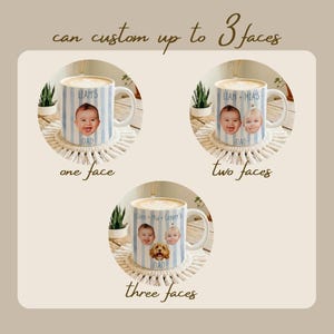 May include: White ceramic mugs with blue striped design, personalized with photos and names. The mugs are displayed with one, two, and three faces, with the text "can custom up to 3 faces". Each mug has the word "DAD" printed on it.