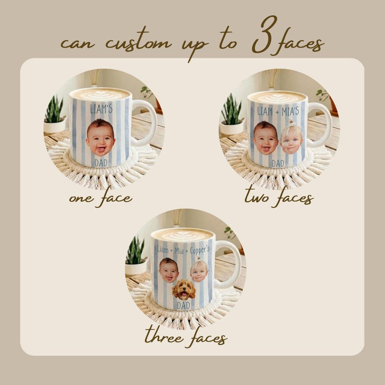 May include: White ceramic mugs with blue striped design, personalized with photos and names. The mugs are displayed with one, two, and three faces, with the text "can custom up to 3 faces". Each mug has the word "DAD" printed on it.