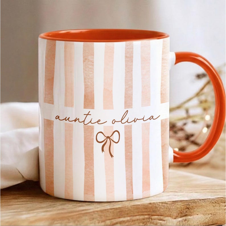Personalized New Auntie Striped Mug, Custom Pregnancy Reveal Mother's Day Gift, New Aunt Gift Ideas