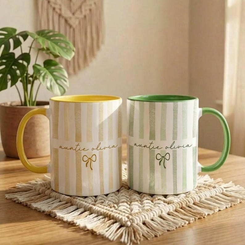 Personalized New Auntie Striped Mug, Custom Pregnancy Reveal Mother's Day Keepsake