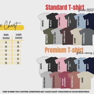 May include: A size chart with measurements in inches for t-shirts, and a colour palette of available t-shirt colours. The image includes text that reads "Standard T-shirt" and "Premium T-shirt", with a disclaimer about colour variations.