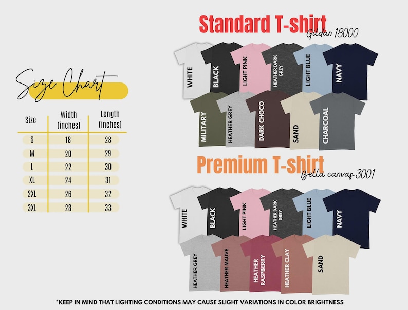 May include: A size chart with measurements in inches for t-shirts, and a colour palette of available t-shirt colours. The image includes text that reads "Standard T-shirt" and "Premium T-shirt", with a disclaimer about colour variations.