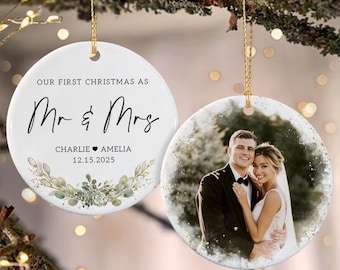 First Christmas Married Ceramic 2 Sides Ornament, Mr & Mrs Photo Keepsake