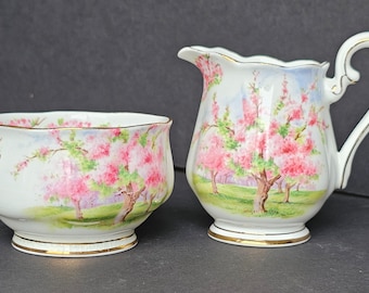 Royal Albert „Blossom Time“ kleines Milchkännchen- und Zuckerdosen-Set aus Knochenporzellan, Tischdekoration, Goldbesatz, hergestellt in England. Ausgezeichneter Zustand