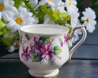 Vintage Royal Albert "Violets" Tea Cup Teacup Purple Violets gold trim. Made In England Fine Bone China. #2 in "Flower of the Month" series.