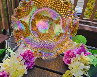 Piatto da portata, ciotola portaoggetti/piatto per dolciumi, Indiana Amber Marigold Carnival Glass Diamond Point da 10" in oro iridescente con bordo smerlato e arricciato