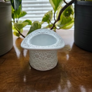 Puede incluir: Un recipiente blanco decorativo en forma de sombrero de copa. El recipiente tiene un patrón geométrico detallado en los lados y una parte superior lisa y redondeada. El sombrero está sobre una superficie de madera, con plantas verdes en el fondo.