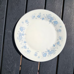 May include: A white ceramic plate with a blue floral design around the edge. The plate has a silver rim. The floral pattern features small blue flowers. This plate is suitable for serving food.