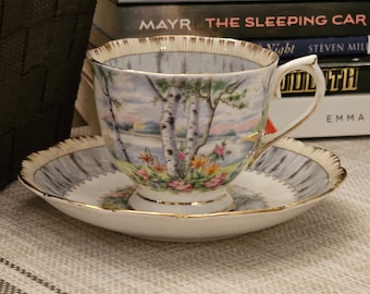 Antica tazza da tè Royal Albert Silver Birch con piattino, realizzata in Inghilterra nel 1927-1935.