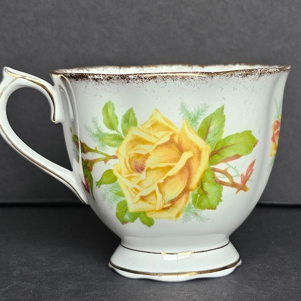 Vintage Royal Albert Tea Rose Orphan Tea Cup Teacup white cup with yellow roses gold trim. Made In England Fine Bone China.