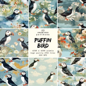 Wzór na ptaka Puffin - papier cyfrowy - 20 bezszwowych wzorów do rękodzieła i użytku komercyjnego, gotowe do druku wzory, przyjazne dla POD, wysoka jakość