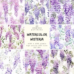 Peut inclure: 20 motifs de glycines aquarelle sans couture dans des tons de violet et de rose. Les motifs mesurent 4096 x 4096 pixels et 300 DPI.