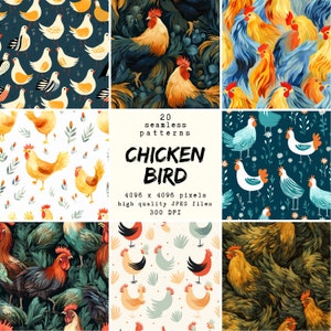 Huhn Vogel - Digitales Papier - 20 nahtlose Muster für Kunsthandwerk und kommerzielle Nutzung, druckfertige Designs, Print on Demand, hohe Qualität