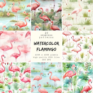Wasserfarben Flamingo Muster - Digitales Papier - 20 nahtlose Muster für Kunsthandwerk und kommerzielle Nutzung, druckfertige Designs, POD freundlich, Hauptqualität