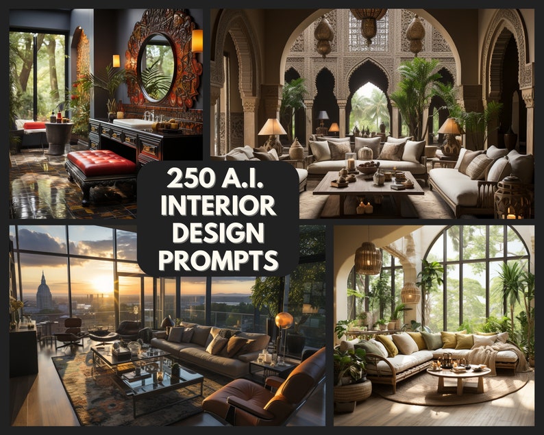 250 Interior Design Prompts Living Room, Bedroom, Bathroom, Backyard, Kitchen Generate Amazing Art with AI Copy & Paste Exterior image 1