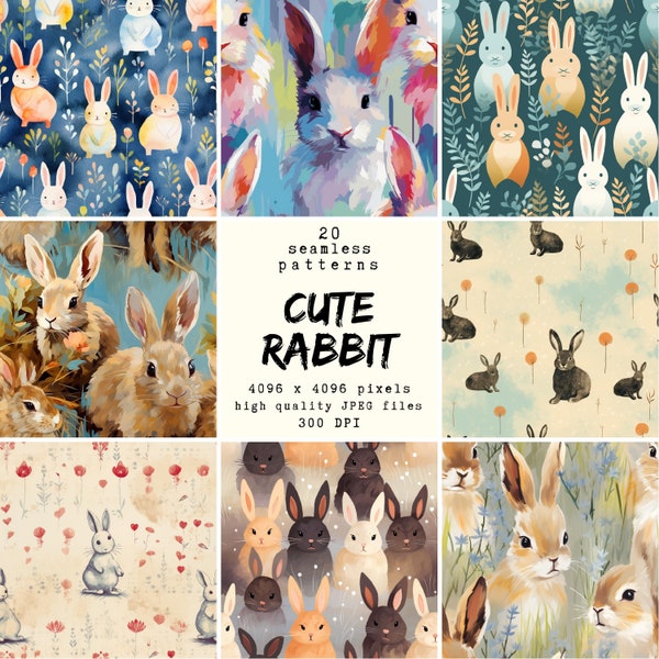 Cute Rabbit Pattern - Digital Paper - 20 seamless patterns for crafts and commercial use, print ready designs, POD friendly, high quality