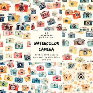 May include: 20 seamless patterns of watercolor vintage cameras in various colors, including red, blue, yellow, and green. The patterns are on a white background. The text "20 seamless patterns", "WATERCOLOR CAMERA", "4096 x 4096 pixels", "high quality JPEG files", and "300 DPI" is also included in the image.