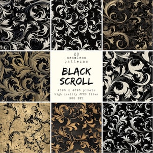 May include: A collection of 20 seamless patterns featuring ornate scroll designs in black, gold, and white. The patterns are displayed in a grid, with the text "BLACK SCROLL" and specifications for the JPEG files.