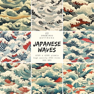 May include: Nine seamless patterns depicting stylized Japanese waves in blue, white, and red. The designs evoke traditional Japanese art. The image includes the text "JAPANESE WAVES". The patterns are 4096 x 4096 pixels.