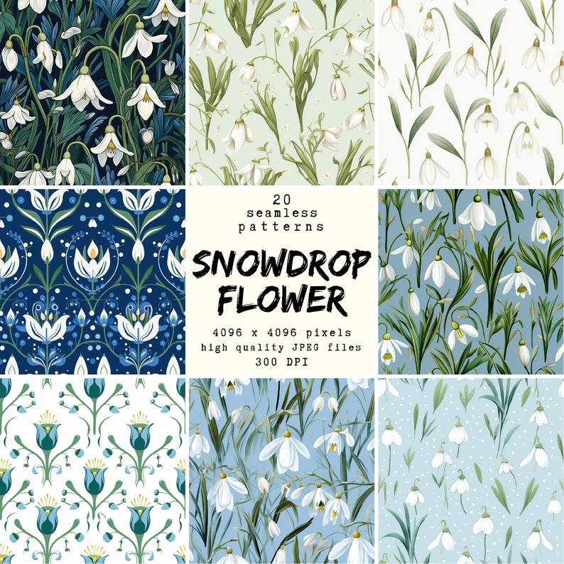 Snowdrop Flower Digital Paper: 20 Seamless Patterns (Digital Download) image 1