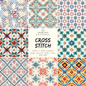 Modèle de point de croix - Papier numérique - 20 modèles sans couture pour travaux manuels et usage commercial, modèles prêts à imprimer, POD friendly, haute qualité