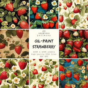 Motif fraise peint à l'huile - Papier numérique - 20 modèles sans couture pour travaux manuels et usage commercial, modèles prêts à imprimer, POD friendly, HQ