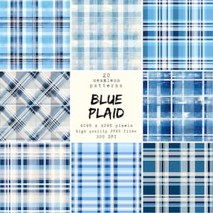Può includere: Una collezione di nove motivi a quadri blu in varie tonalità, tra cui blu chiaro e scuro, disposti in una griglia. L'immagine include anche il testo "20 modelli senza cuciture" e "BLUE PLAID".