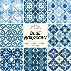Bleu marocain - Papier numérique - 20 modèles sans couture pour usage artisanal et commercial, modèles prêts à imprimer, POD friendly, HQ