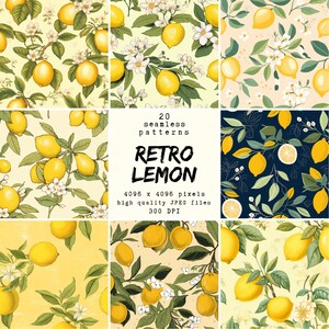 Motif citron rétro - Papier numérique - 20 modèles sans couture pour travaux manuels et usage commercial, modèles prêts à imprimer, POD friendly, HQ
