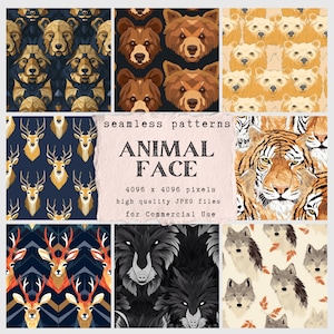 Digitaal papier met dierengezichtpatroon - naadloos papier voor knutselen en commercieel gebruik - plakboek - ontwerpen voor print on demand