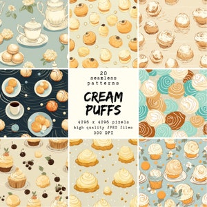 Puede incluir: Un conjunto de 20 patrones sin costuras que presentan profiteroles en varios estilos. Los patrones incluyen profiteroles con cerezas, flores y otros elementos decorativos. Los patrones son de 4096 x 4096 píxeles y 300 DPI.